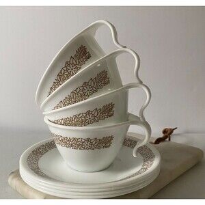 Set 8 Pieces VINTAGE Corelle by Corving Cups & Saucers Woodland Brown‎ USA